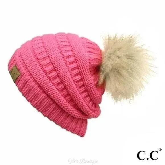 C.C. Ribbed Knit Beanie Hat Candy Pink with Taupe Pom Women's One Size - Picture 1 of 3